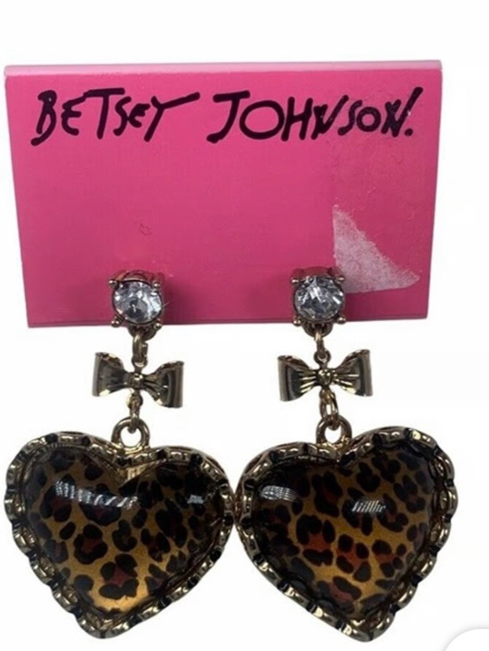 Betsey Johnson Gold-Tone Leopard Heart Drop Earrings with Clear Stones